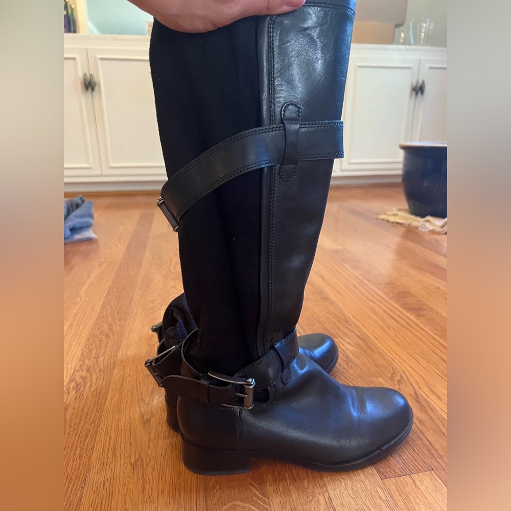Black Cole Haan biker/riding style boots- two buckles, leather on front